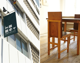 廃材利用の家具は木工作家、井藤昌志さんの手によるもの（写真右下）。若いスタッフも全員画家で、「アーティストは自分の作ったものに責任を持つから」と武さん