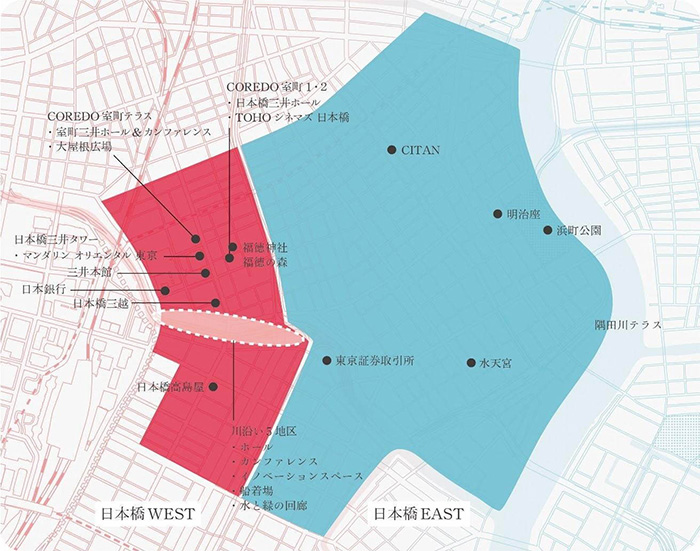 Map of Mitsui Fudosan's halls, conferences, and public spaces