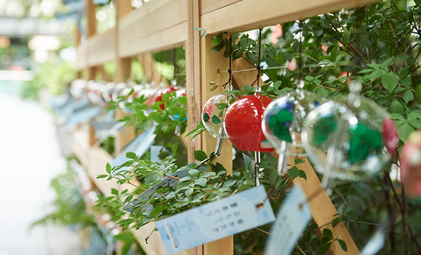 This photo shows wind chimes decorated in wooden frames, swaying in the wind.