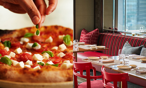 Here is an image of the pizza cooking and a photo of the restaurant.