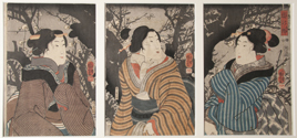 三人の美女が並ぶ「梅の魁（さきがけ）」も國芳の作品。流行の着物を競い合う姿が描かれている。いわば当時のファッション誌。 