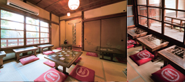 家具や照明も鍋島さんが一つひとつ選んだもの。古い旅館の食器棚の扉をリメイクしたという座卓が印象的。作家ものの雑貨も販売している。右下／庭に面したひとり席。いまでは珍しい波板ガラスがはめ込まれた窓からは、